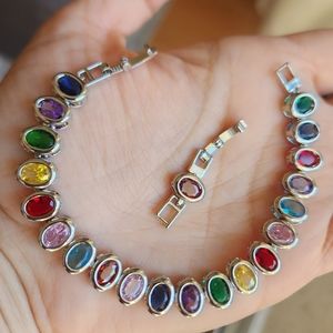 New 925 Silver Oval Cut Multicolored Gemstones Bezel Setting Bracelet for Women